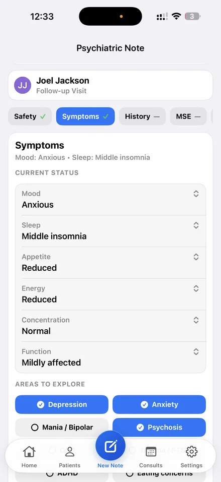 The Symptoms section of a Dr. Notes psychiatric note showing mood, sleep, appetite, energy, concentration and function, with areas to explore such as depression, anxiety, psychosis and sleep selected.