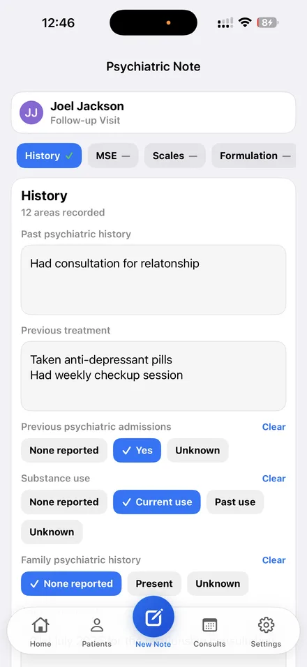 The History section of a Dr. Notes psychiatric note, with separate fields for past psychiatric history, previous treatment, admissions, substance use and family psychiatric history.