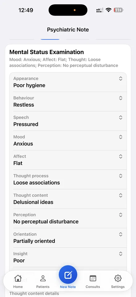 The Mental Status Examination section of a Dr. Notes psychiatric note listing appearance, behaviour, speech, mood, affect, thought process, thought content, perception, orientation and insight.