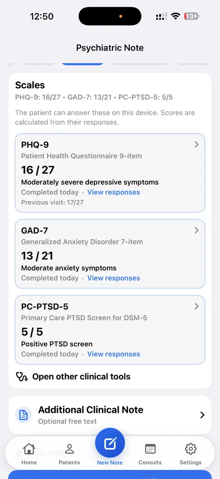 The Scales section of a Dr. Notes psychiatric note showing PHQ-9 scored 16 out of 27, GAD-7 scored 13 out of 21 and PC-PTSD-5 scored 5 out of 5, each with a link to view the patient’s responses.