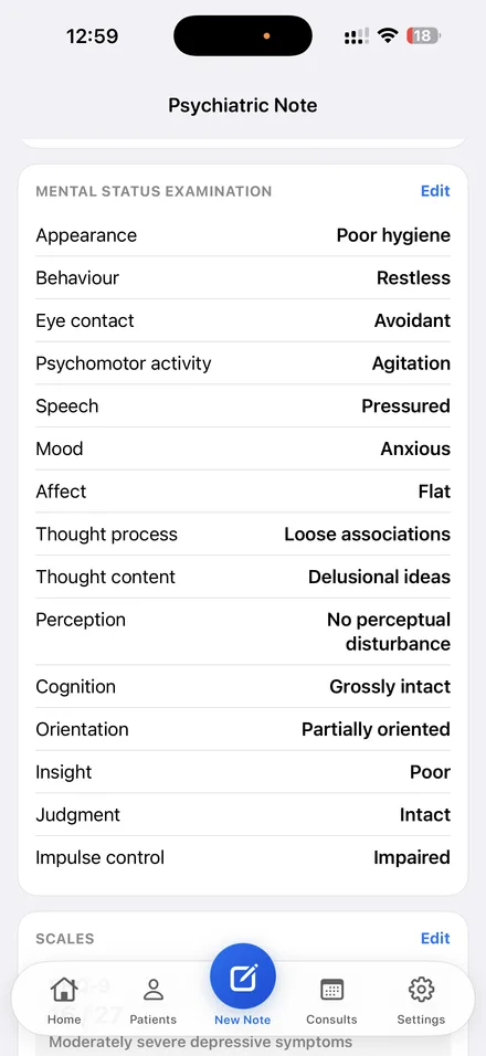 A Dr. Notes psychiatric evaluation showing the recorded mental status examination and completed scales that the clinical formulation is written from.