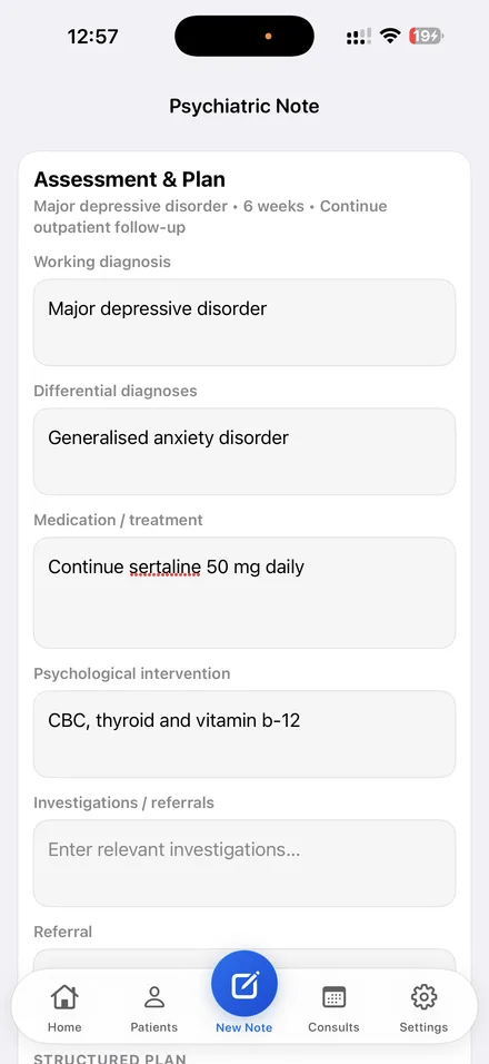 The Assessment and Plan section of a Dr. Notes psychiatric note, with a working diagnosis of major depressive disorder, a differential of generalised anxiety disorder, and the medication and treatment plan.
