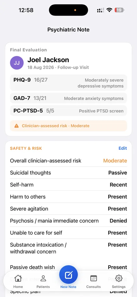 The final evaluation view in Dr. Notes, showing the patient’s PHQ-9, GAD-7 and PC-PTSD-5 scores, a clinician-assessed risk of moderate, and the safety and risk summary with an Edit action.