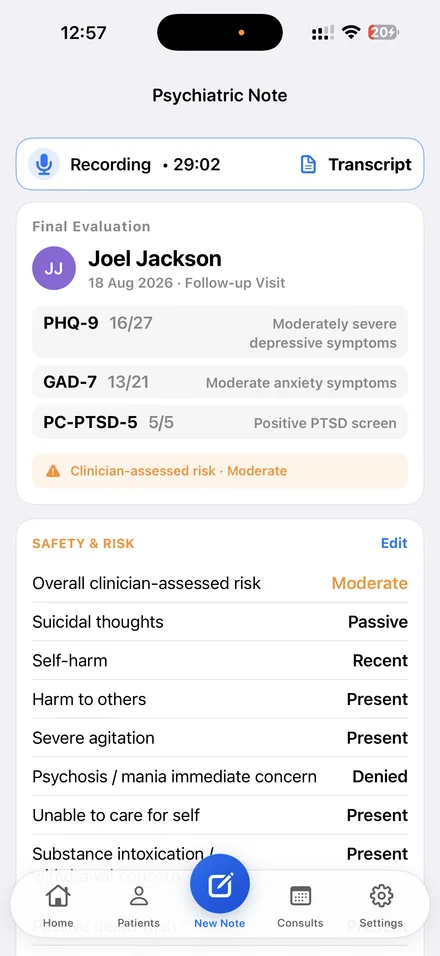 A Dr. Notes psychiatric visit with an active recording showing elapsed time and a Transcript button above the final evaluation summary.