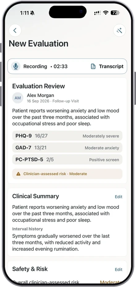Evaluation review with PHQ-9, GAD-7 and PC-PTSD-5 scores and clinician-assessed risk