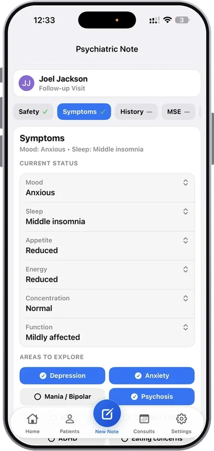 Symptoms section with structured fields