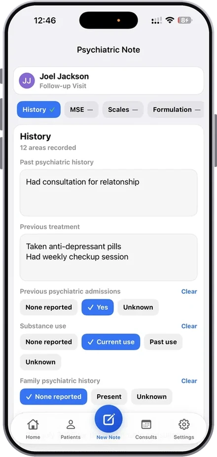Psychiatric history section
