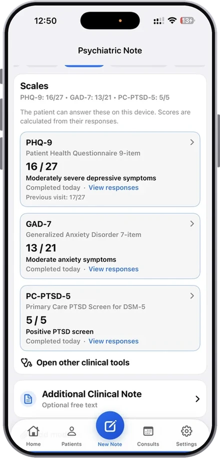 Clinical scales with PHQ-9, GAD-7 and PC-PTSD-5 scores