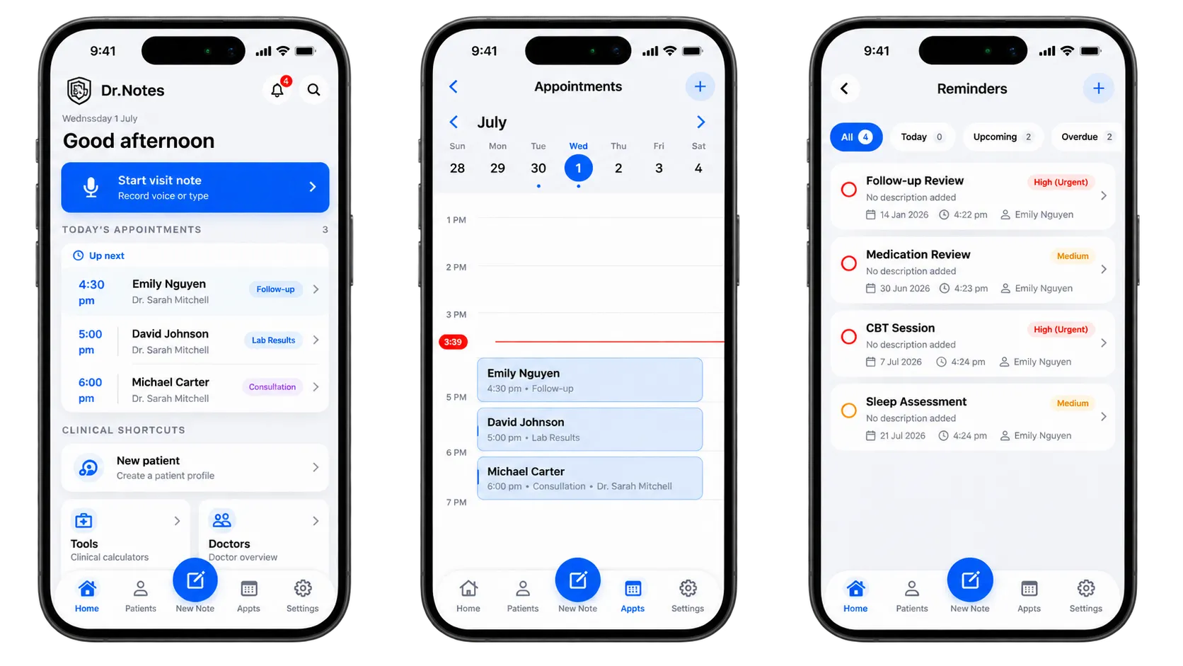 Appointments, reminders and daily psychiatry workflow in Dr. Notes
