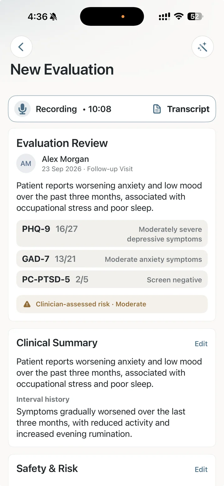 The Dr. Notes Evaluation Review screen showing the completed evaluation, recorded scales, clinical summary and safety and risk sections.
