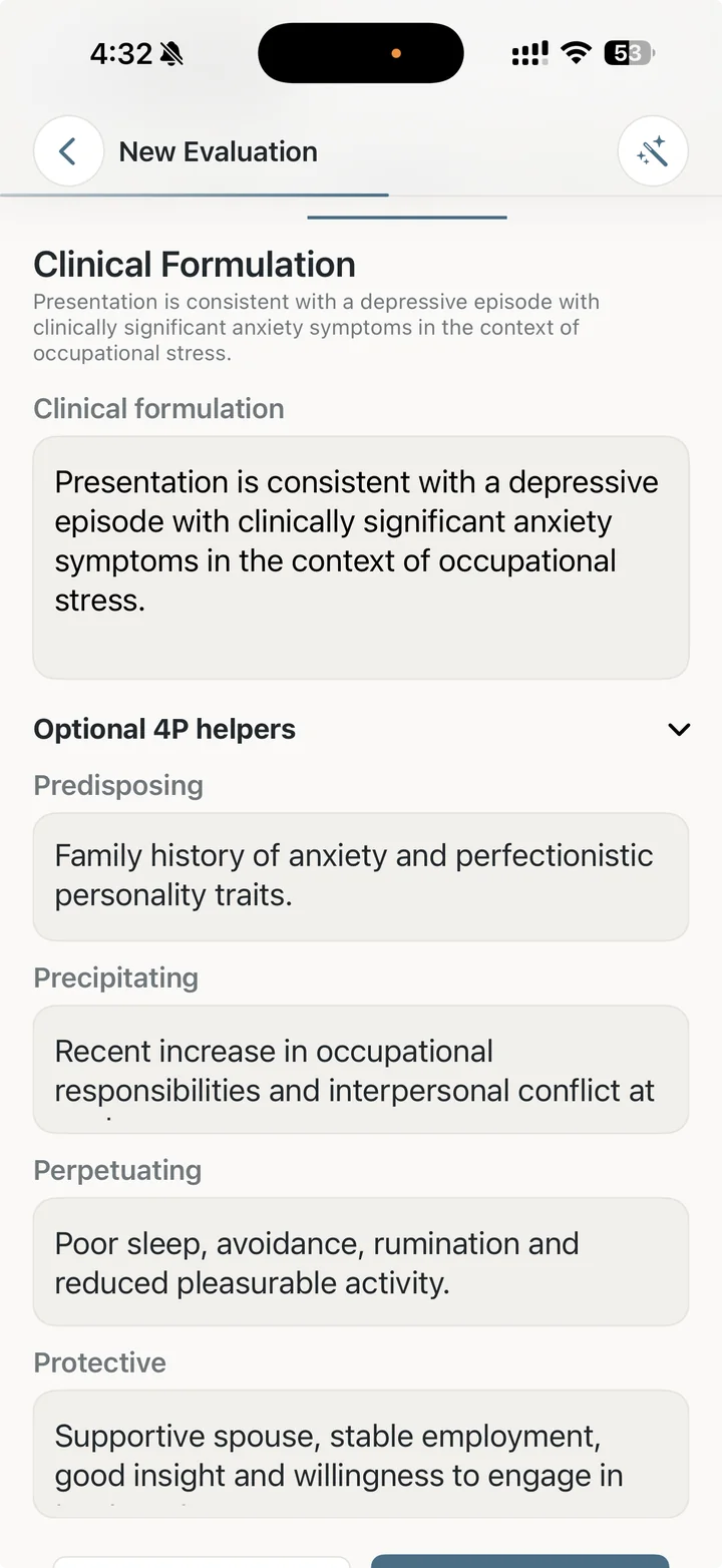 The Dr. Notes Clinical Formulation screen showing clinical formulation, predisposing, precipitating, perpetuating and protective factors.