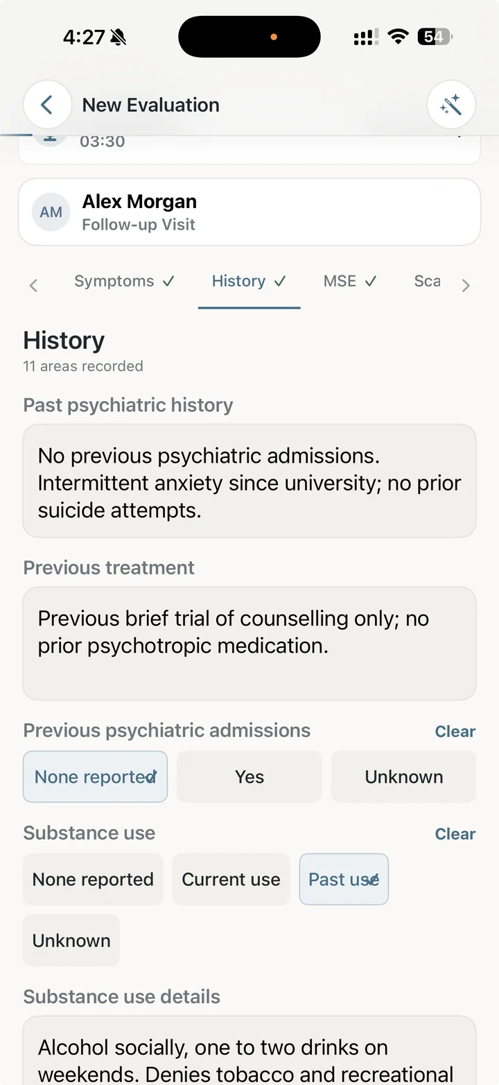 The Dr. Notes New Evaluation History screen showing past psychiatric admissions, treatment and substance-use history.