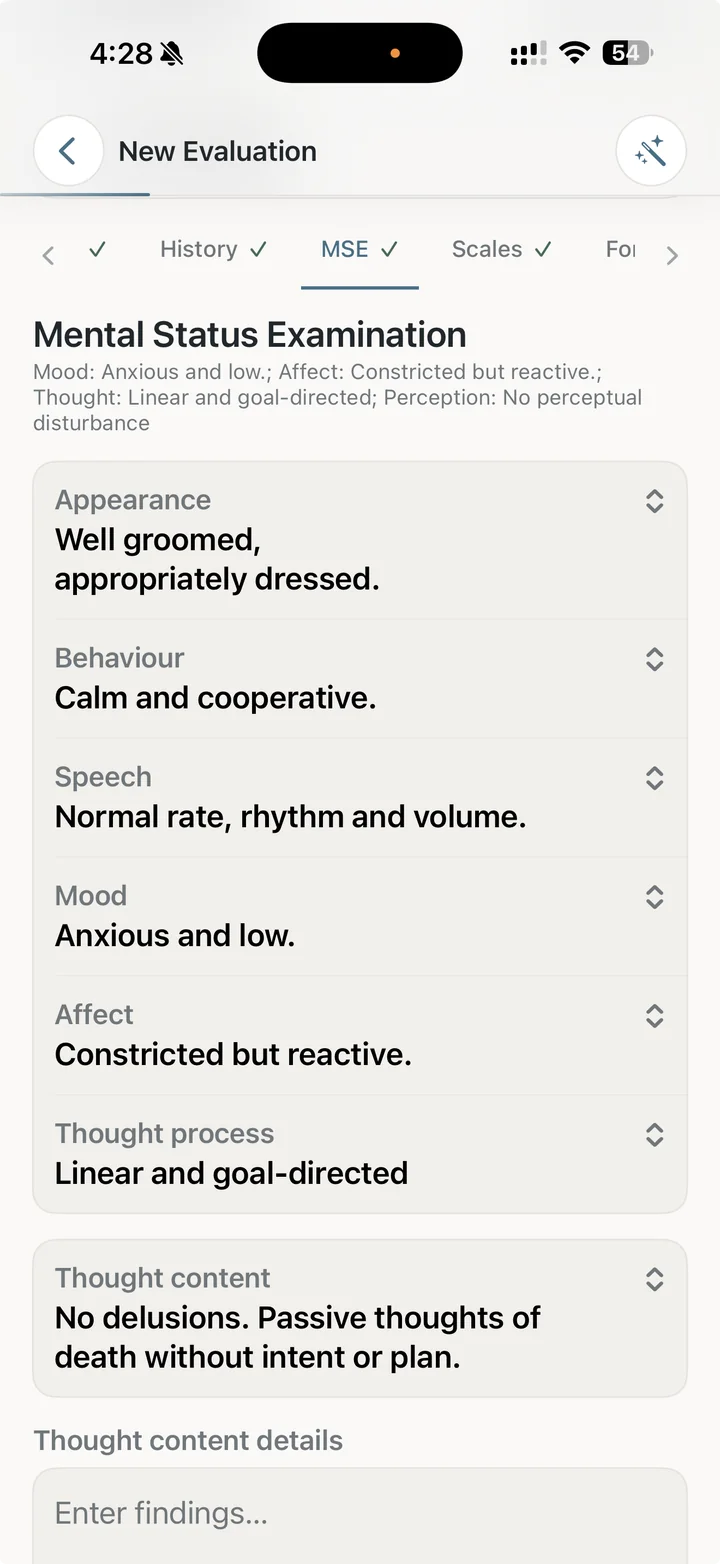 The Dr. Notes New Evaluation Mental Status Examination screen with structured appearance, behaviour, speech, mood, affect and thought fields.