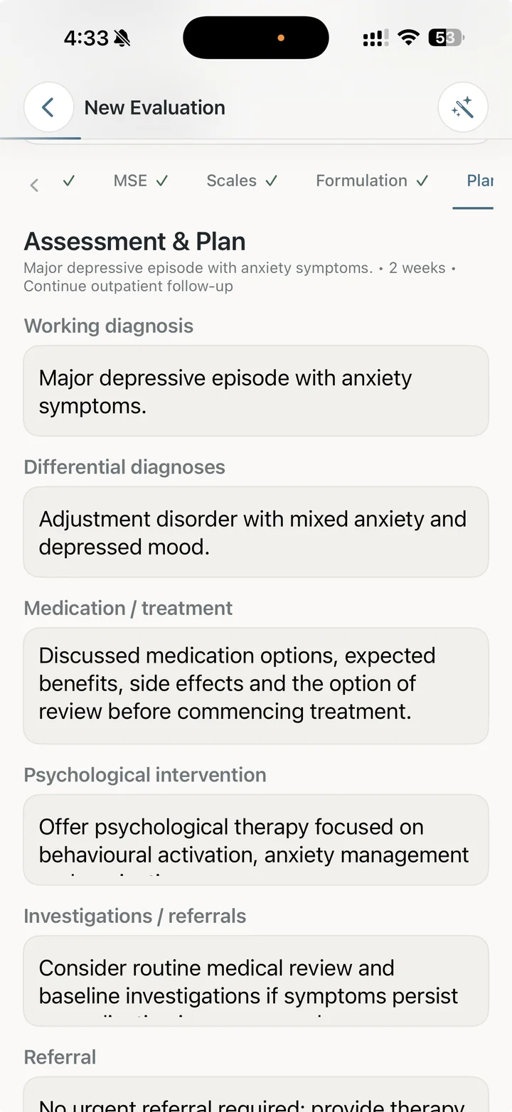 The Dr. Notes Assessment and Plan screen showing working and differential diagnoses, treatment, interventions, investigations, referrals and follow-up.