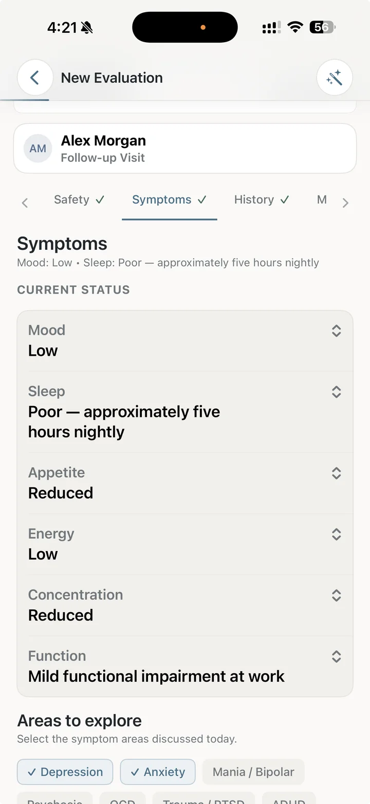The Dr. Notes New Evaluation Symptoms screen showing current mood, sleep, appetite, energy, concentration, function and areas to explore.