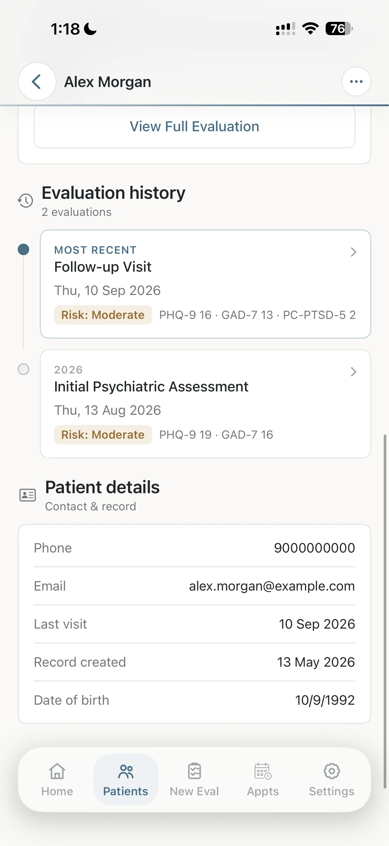 The Dr. Notes patient record showing psychiatric evaluation history, recent scores and patient details.