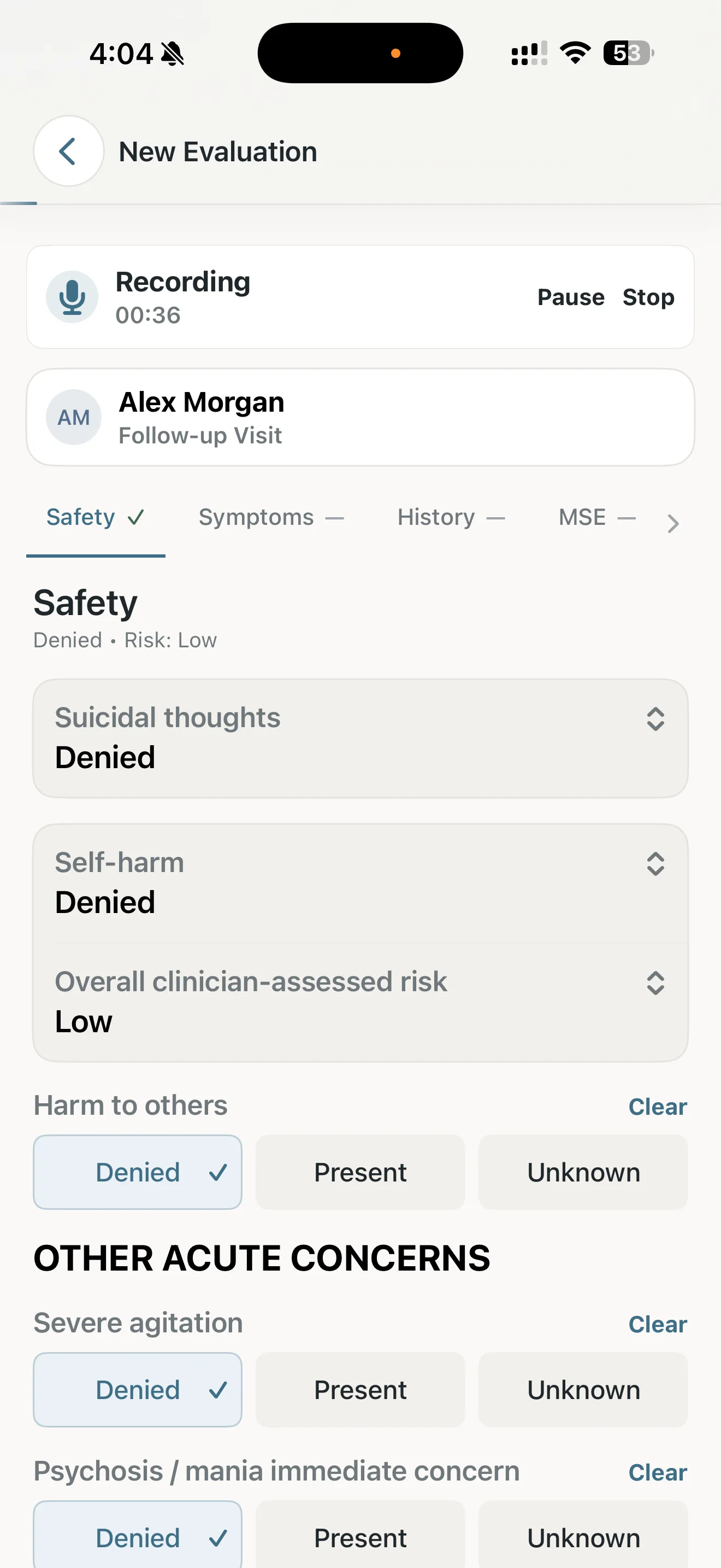 An in-progress psychiatric evaluation with an active recording and completed safety and risk assessment fields.