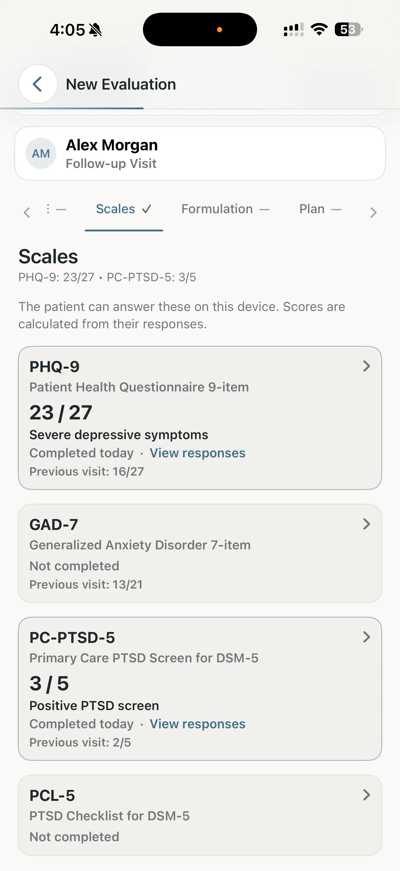 The Dr. Notes evaluation Scales tab showing PHQ-9, GAD-7, PC-PTSD-5 and PCL-5 assessments with their completion status and scores.