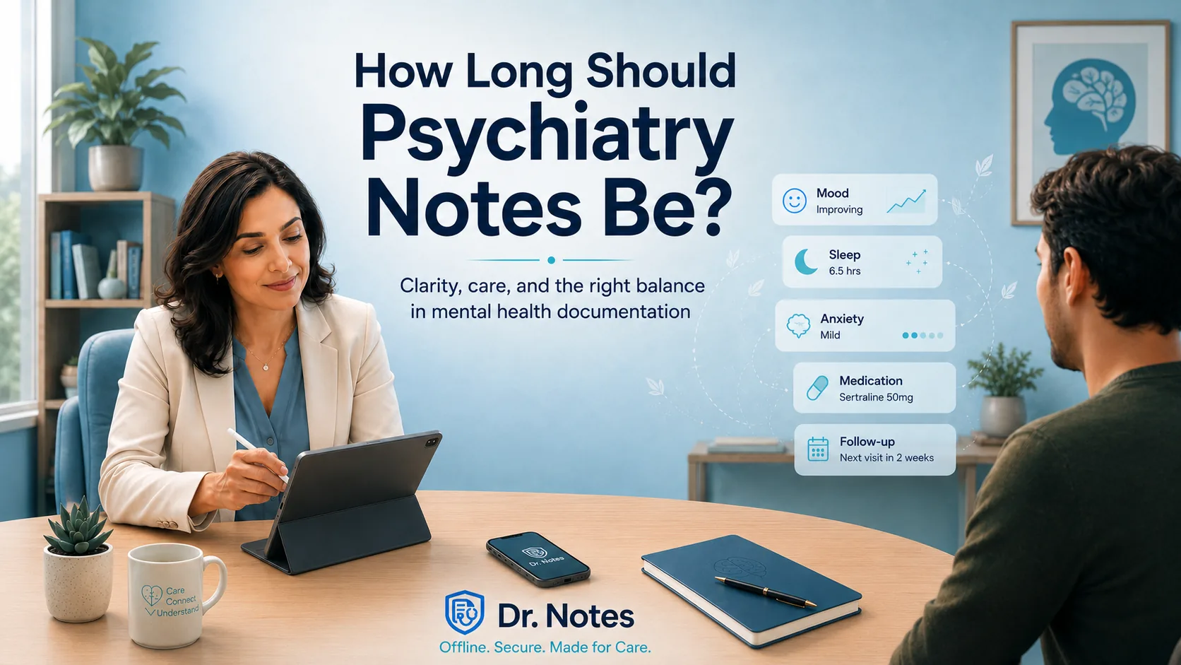 Psychiatrist reviewing a clear and organized clinical note after speaking with a patient - Dr. Notes