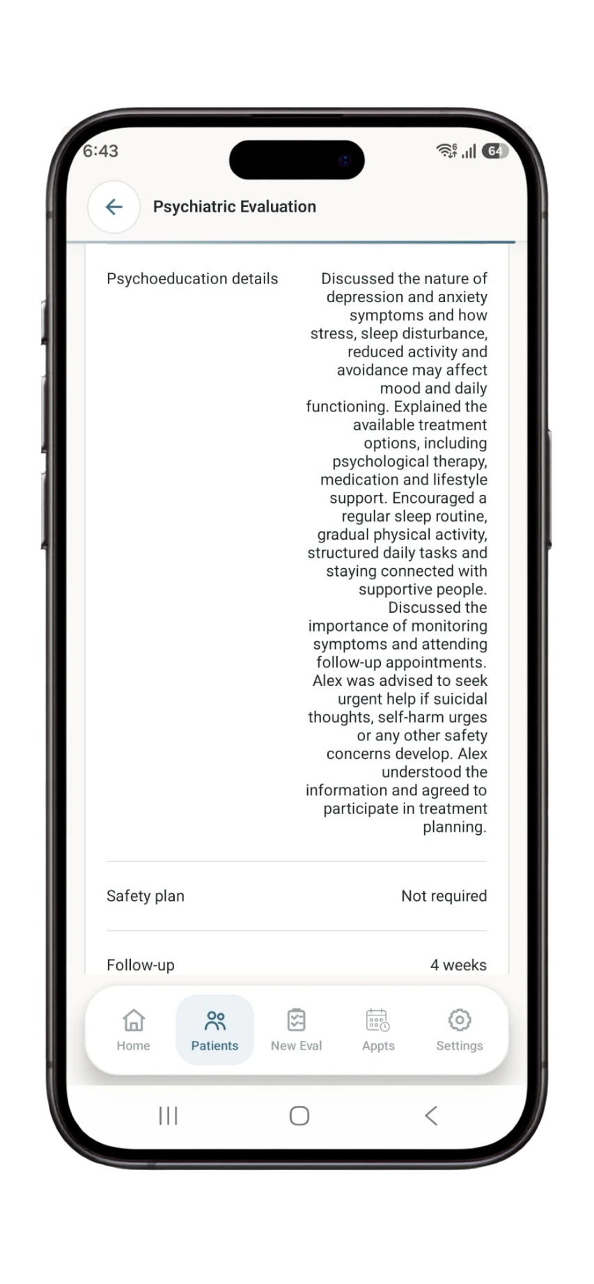 Dr. Notes psychiatric evaluation showing psychoeducation details, safety plan and follow-up