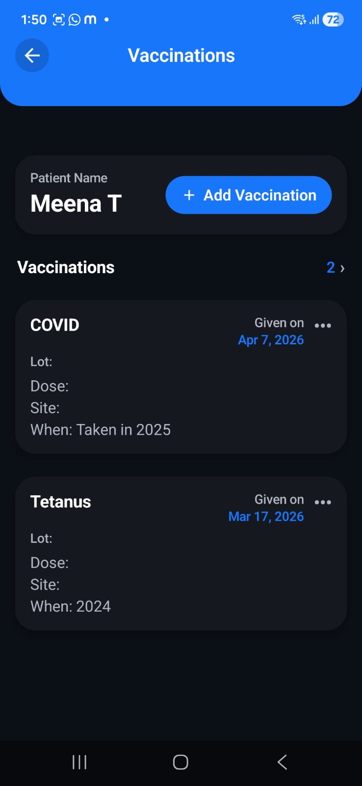 Vaccination Details in Dr. Notes