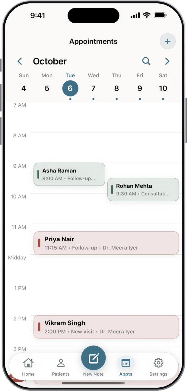 Appointments calendar with the day's visits