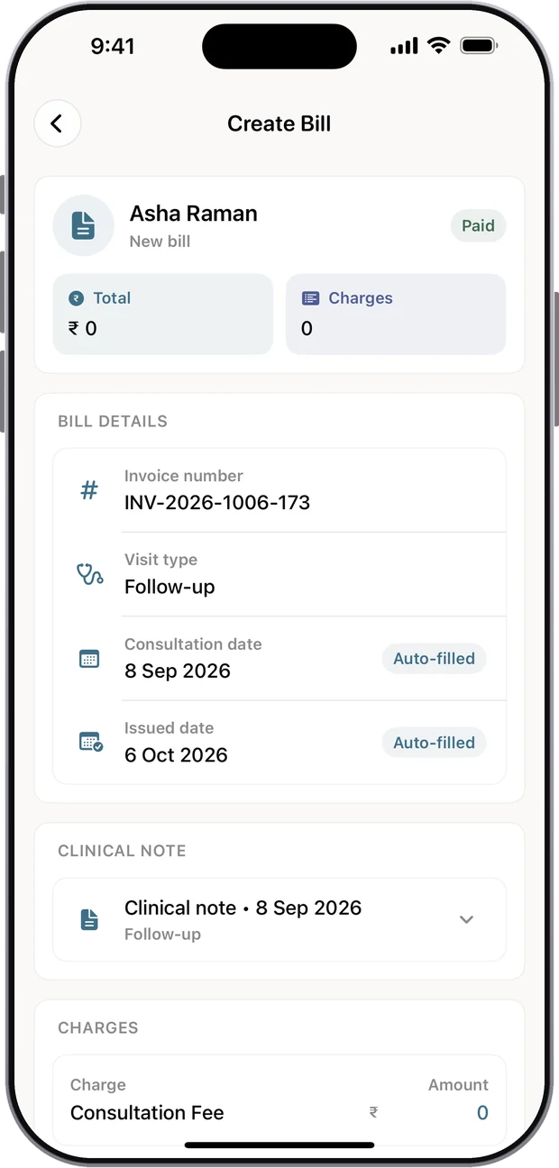 Creating a bill with invoice number, visit type and auto-filled dates