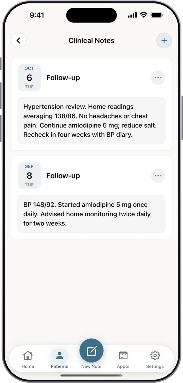 Clinical notes saved against the patient, newest first, with date and visit type