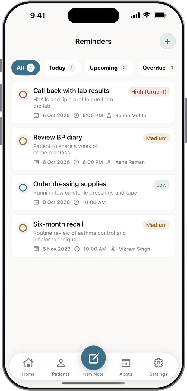 Reminders list with due dates and priority