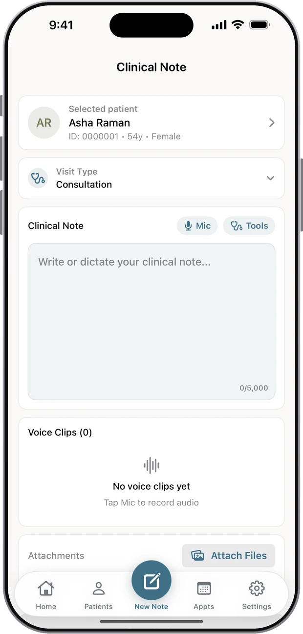 New clinical note with Mic and Tools buttons, a visit type and a voice-clips section
