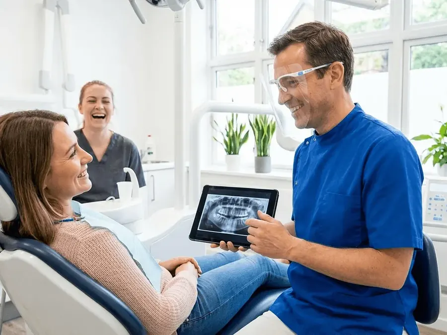 A dentist showing a patient notes on a tablet